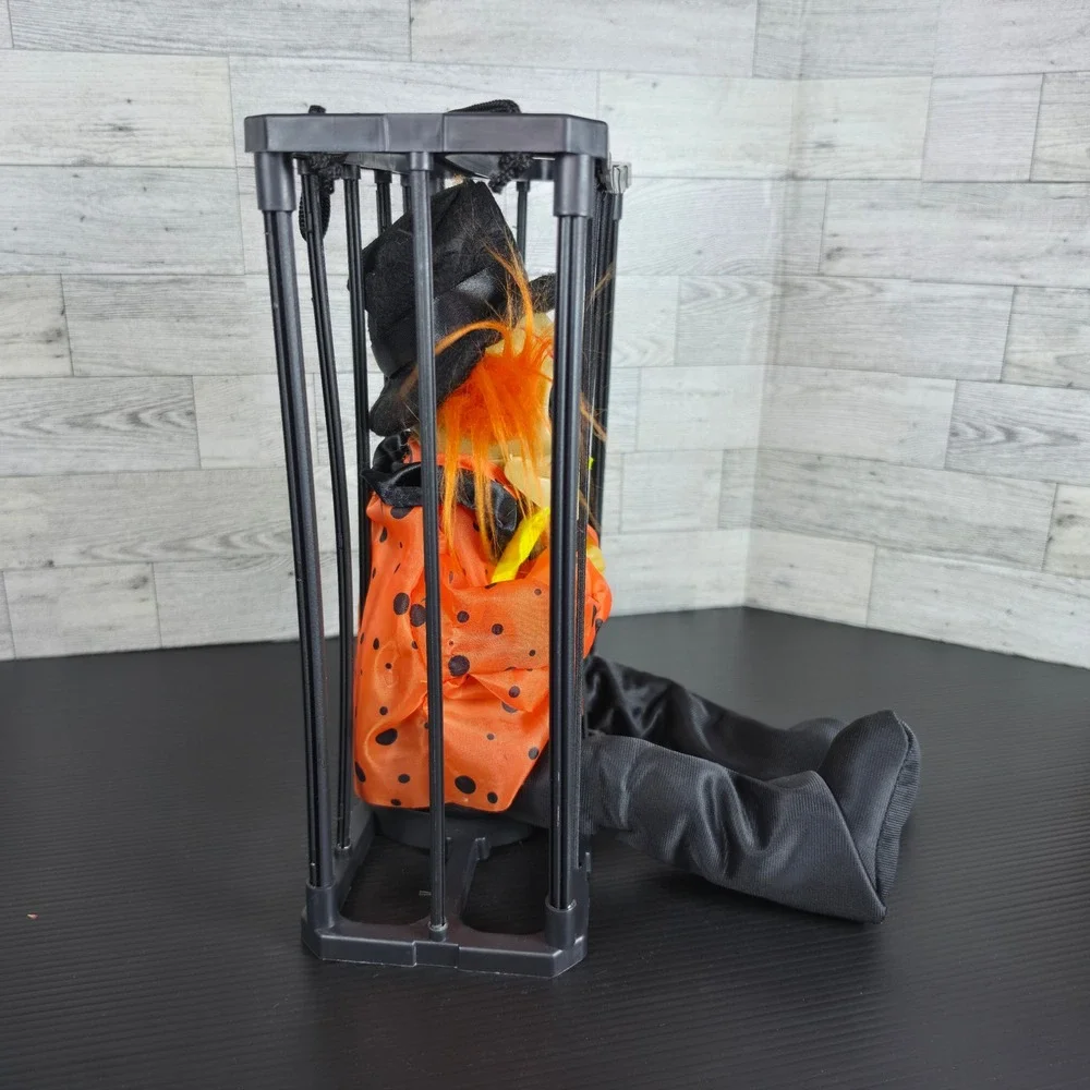 Halloween Animated Skeleton Clown in Cage Hanging Prop Orange Black Skull Decor